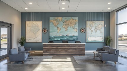 Port office decorated nautical inspired wall art including painting of iconic shipping route vessel Hanging art piece of compass roses global maps enhance maritime theme Oceanic blues industrial grays