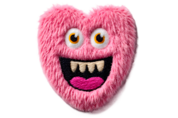 Playful Pink Fuzzy Heart Monster with Embroidered Grin