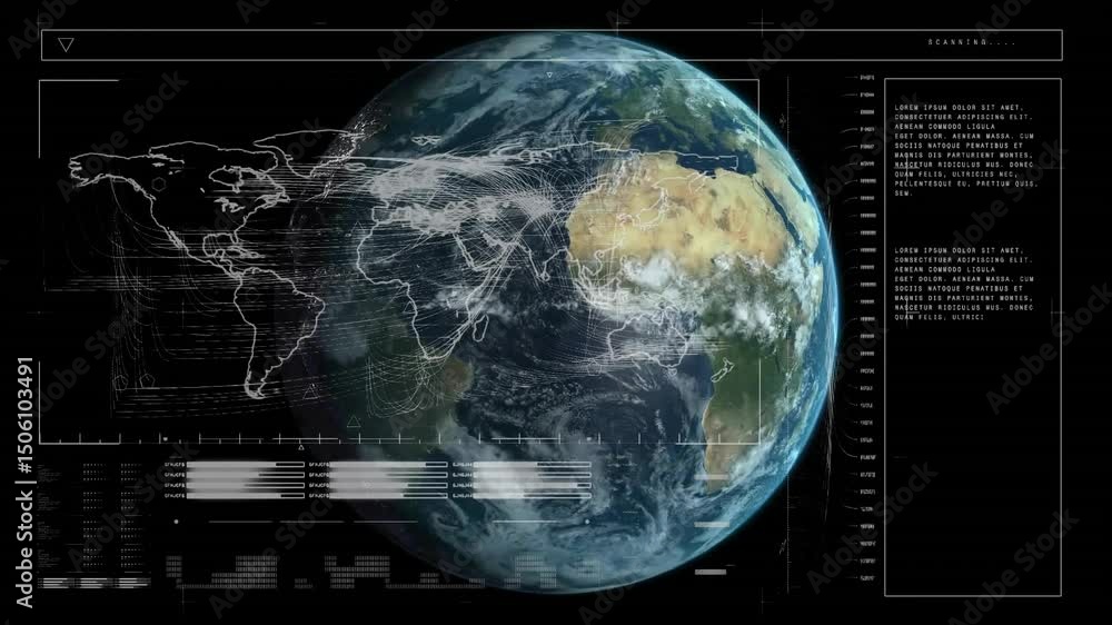 Poster scanning… initiating globe rotation, panel populating charts and flow lines tracking scan progress
