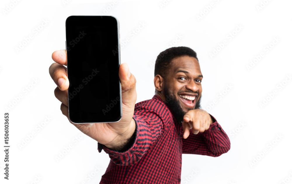Poster Great App. African Man Showing Phone Blank Screen Recommending New Mobile Application Posing Over White Studio Background, Smiling To Camera. Apps Advertisement With Smartphone Display Mockup