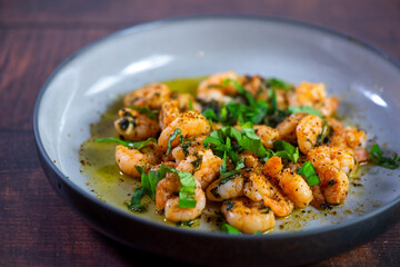 Jumbo Shrimp Scampi Sauteeing in Butter and Olive Oi