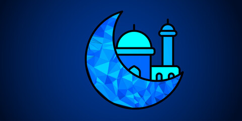Eid Mubarak Greeting with Glowing Low Poly Crescent Moon and Mosque on Blue Background