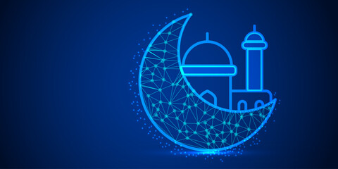 Eid Mubarak Greeting with Glowing Low Poly Crescent Moon and Mosque on Blue Background