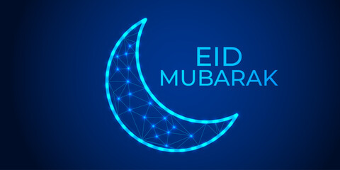 Eid Mubarak Greeting with Glowing Low Poly Crescent Moon and Mosque on Blue Background