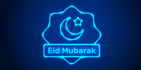 Eid Mubarak Greeting with Glowing Low Poly Crescent Moon and Mosque on Blue Background