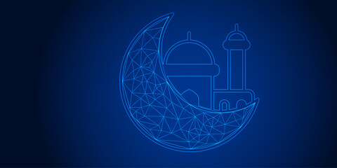 Eid Mubarak Greeting with Glowing Low Poly Crescent Moon and Mosque on Blue Background