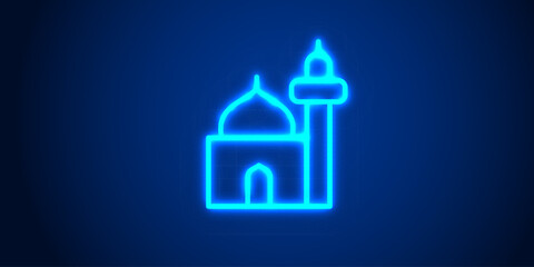 Eid Mubarak Greeting with Glowing Low Poly Crescent Moon and Mosque on Blue Background