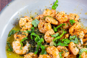 Jumbo Shrimp Scampi Sauteeing in Butter and Olive Oi