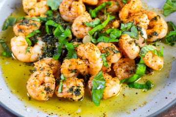 Jumbo Shrimp Scampi Sauteeing in Butter and Olive Oi