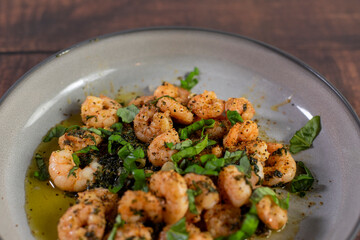 Jumbo Shrimp Scampi Sauteeing in Butter and Olive Oi