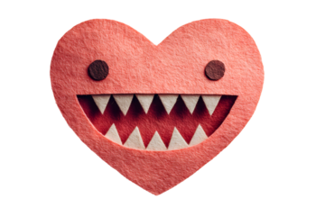 Playful Pink Felt Heart with Sharp Teeth and Eyes