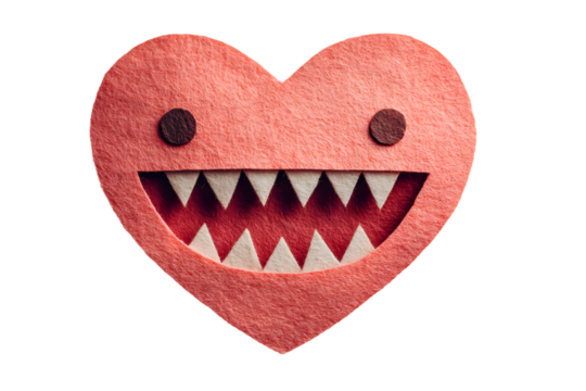 Playful Pink Felt Heart with Sharp Teeth and Eyes