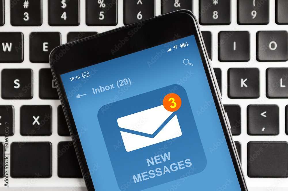 Poster Modern Smartphone With New Email Message Notification On Screen Flat Lying On Laptop Keyboard, To View