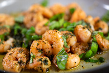 Jumbo Shrimp Scampi Sauteeing in Butter and Olive Oi