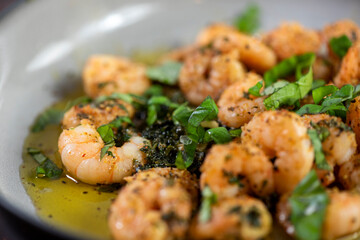 Jumbo Shrimp Scampi Sauteeing in Butter and Olive Oi