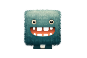 Cheerful Teal Furry Square Monster with Big Grin