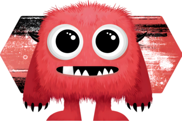 Playful Red Furry Monster with Missing Tooth and Horns
