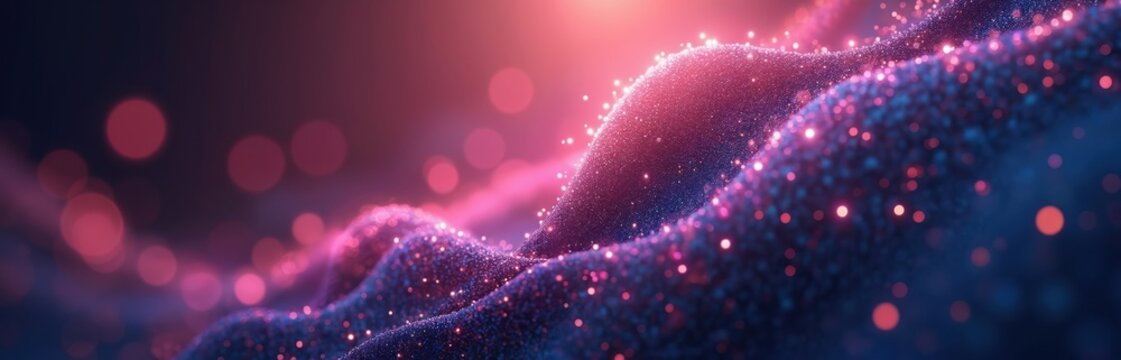 Abstract colorful digital particles wave with bokeh light background. 3d render wave line dot background, line wave light glowing effect particular background. Illustration of tech, science, energy.