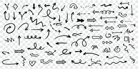 Set of simple lines hand drawn black arrows. Hand drawn freehand different curved lines, swirls arrows. Doodle marker drawing, black chalk smears. Direction pointers. Scribbles and scrawls. eps 10