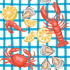 Lobster, crab, shrimp, lemon, oyster seamless pattern, blue checkered background. Summer sea print.
