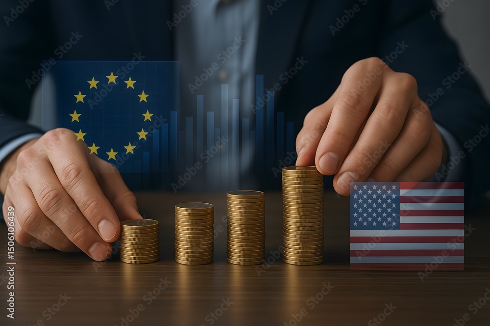 Poster hands arrange ascending coin stacks flanked by eu and us flags with faint bar charts behind. concept