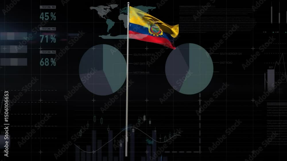 Poster flagpole rising causing ecuador flag unfurling while charts, gauges animating for data display