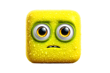 Sweaty Yellow Square Cartoon Character with Large Eyes and Worried Expression