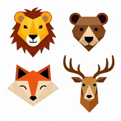 Fototapeta premium Photo of Geometric animal heads of lion, bear, fox, and deer isolated on white