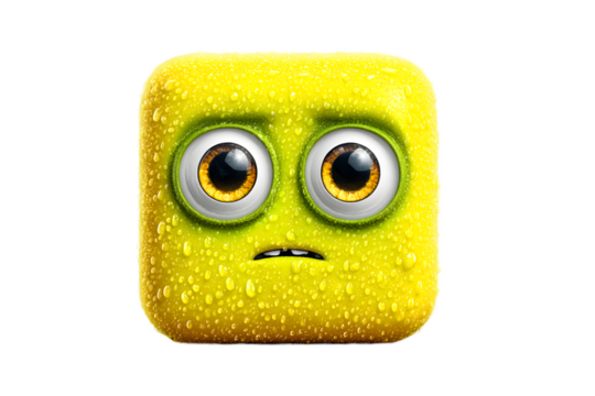 Sweaty Yellow Square Cartoon Character with Large Eyes and Worried Expression
