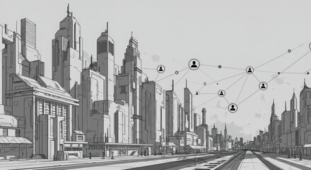 Naklejka premium Futuristic city connected by data network