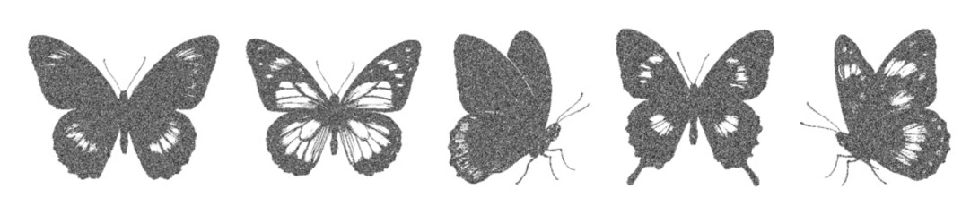 Modern and stylish butterfly designs with a photocopy halftone effect. Spotted black butterflies in a retro style. Y2K-inspired elements for collages and posters. Grainy texture. Nature-themed