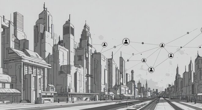 Futuristic city connected by data network