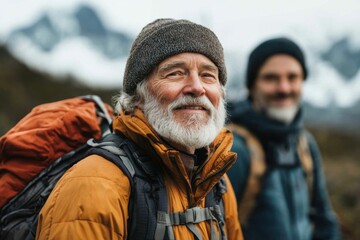Senior hikers enjoy the scenic mountain landscape while exploring nature in the great outdoors during a cool, cloudy afternoon