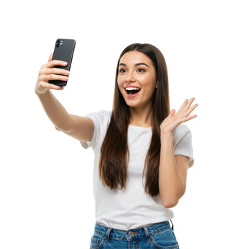 Joyful woman taking a selfie with her smartphone &ndash; smiling and posing confidently, perfect for lifestyle, social media, self-love, mobile photography, influencer content, and modern communication them