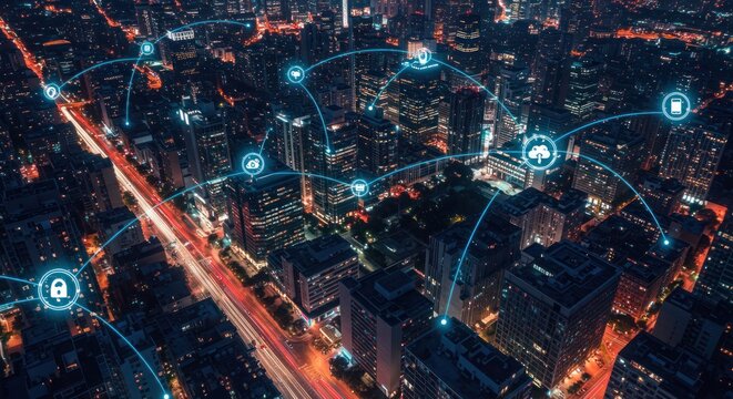 Futuristic metropolis connected city at night