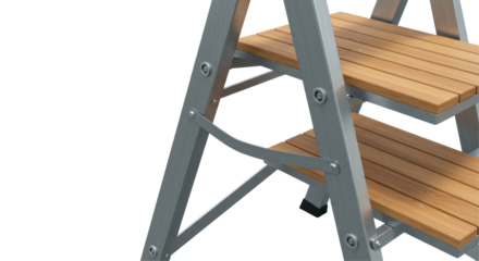 Isolated Aluminum Step Ladder with Wooden Steps Close-Up