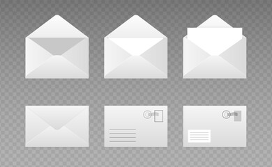 Envelopes with letter closed, open, with postage stamp. Folded and unfolded white paper envelope set. Vector clip art collection
