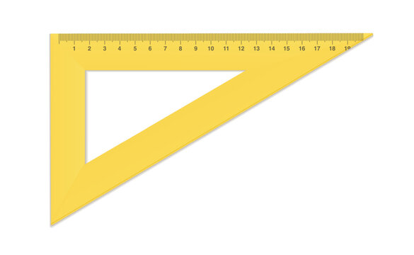 Vector mockup yellow triangle ruler. Measuring tool with ruler scale. School measuring equipment