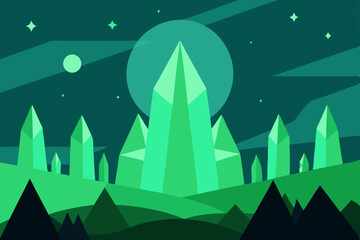 Fototapeta premium Christmas night landscape vector illustration with snow-covered trees and mountains