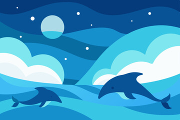 Fototapeta premium Abstract vector illustration of dolphins in the blue ocean with sun and waves