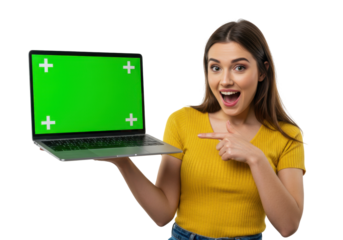 surprised woman holding a laptop with green screen