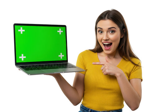 surprised woman holding a laptop with green screen - Powered by Adobe