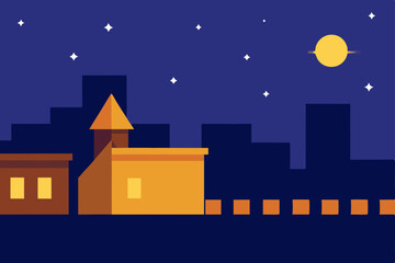 Fototapeta premium Moonlit night city skyline illustration with stars and dark buildings