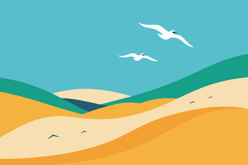 Fototapeta premium Vector illustration of a tropical beach sunset with a seagull over the ocean