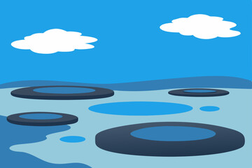 Blue sky and water surface with tranquil reflection and calm waves