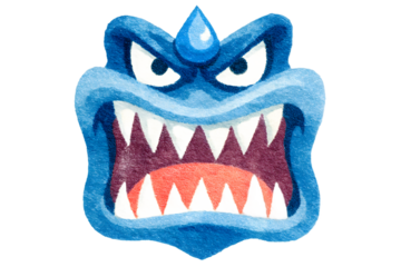 Ferocious Blue Monster with Sharp Teeth and Water Drop