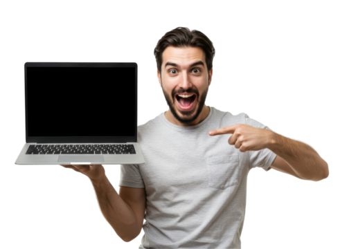 a man shouting with happiness and holding his laptop, business or marketing success concept