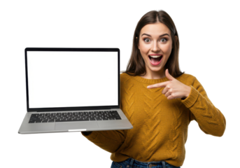 Surprised and happy woman presenting her laptop with blank screen – isolated on white background, ideal for online offers, sales promotions, digital marketing, web design, and branding mockups