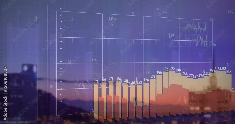 Poster city skyline dusk showing 3d grid fading in and bar chart rising then shrinking visualizing data