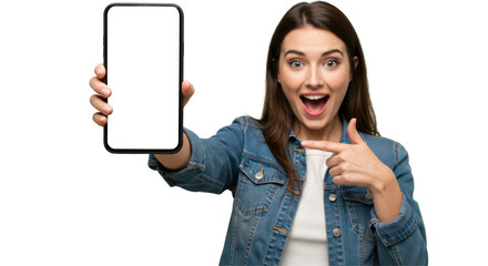 marketing, woman holding and showing a large smartphone with blank screen to the camera – isolated on white background, perfect for mockups, app previews, or phone screen UI templates